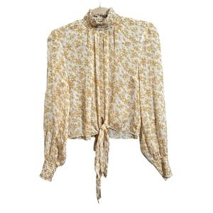 Mink Pink Blouse Women's‎ Size Small LANA HIGH NECK Yellow White Floral Sheer